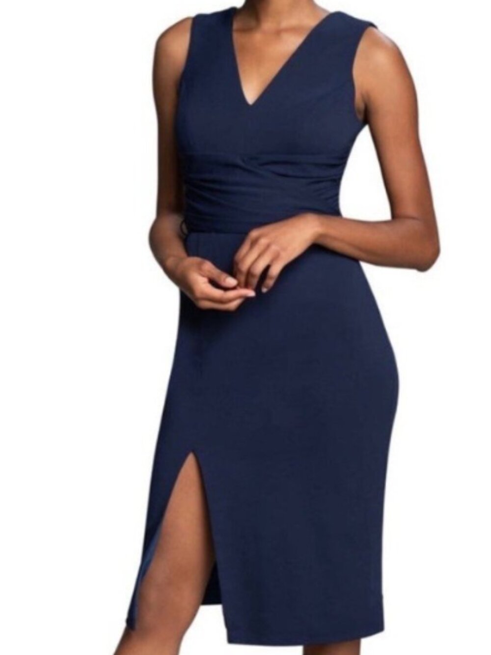 NWT Dress the Population Alessia Tie Waist Crepe Dress Navy Size M